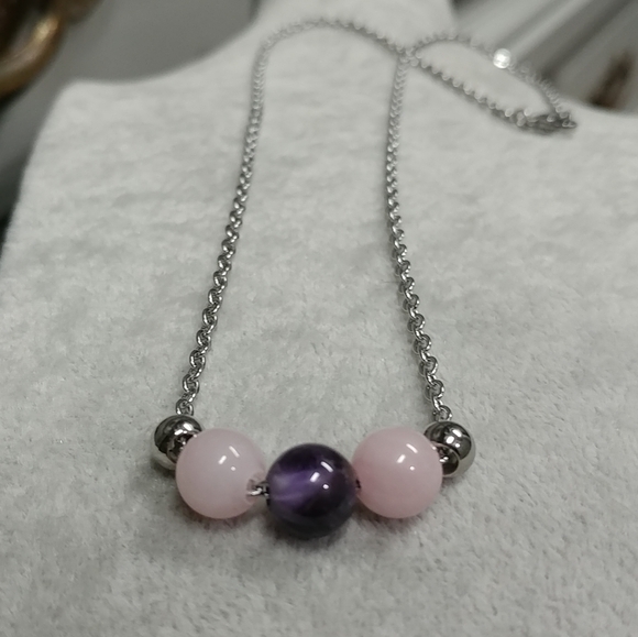 Rose Quartz Amethyst Three Bead Necklace Natural Gemstone Crystal StainlessSteel - Picture 8 of 11